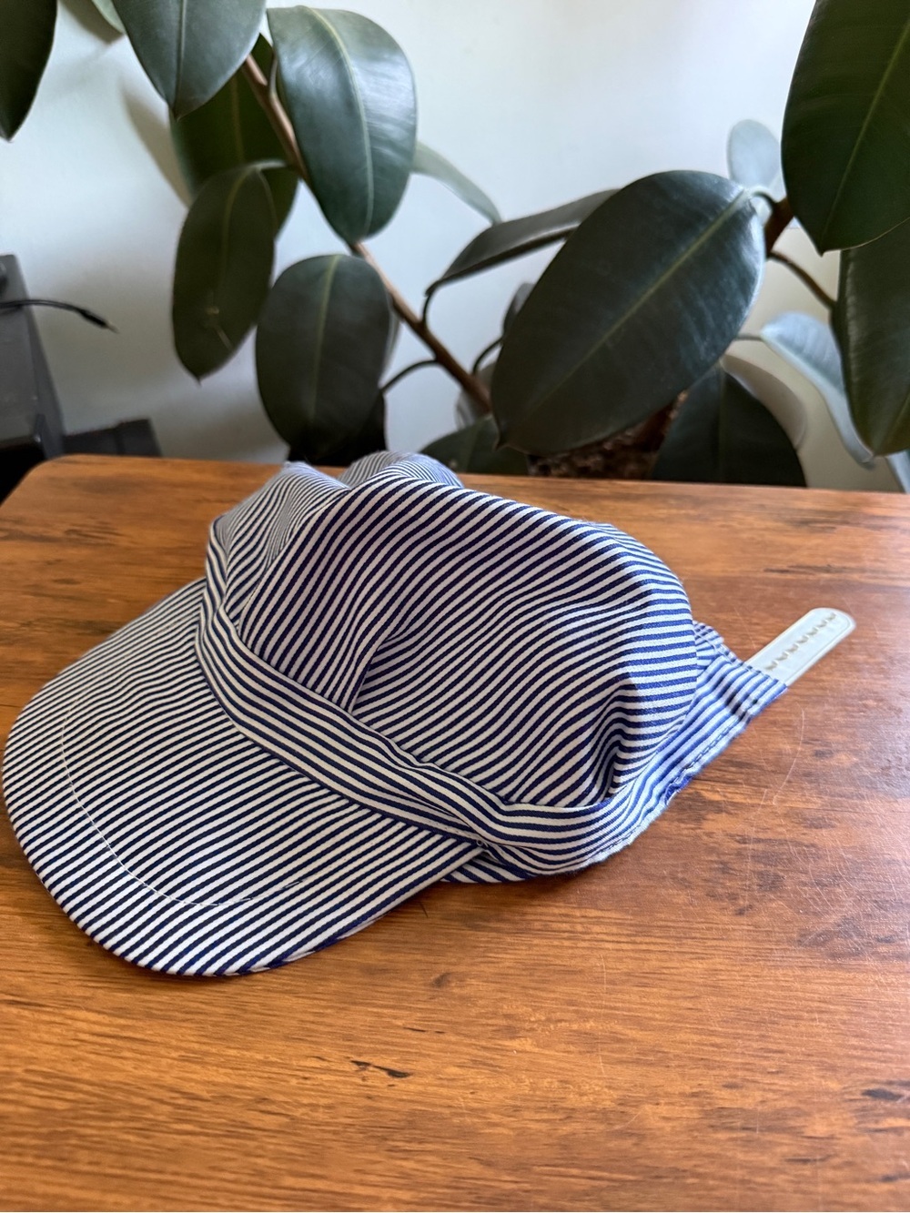 Blue and white hickory striped engineer cap